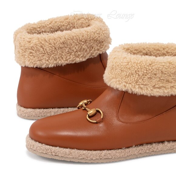 NEW GUCCI Horsebit Cognac Leather Shearling Ankle Booties EU 38 / US 8 - Picture 4 of 15